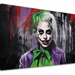 O pânză imprimată cu portretul lui Joker, având părul verde și un costum mov, pe un fundal abstract roșu și negru, Papilora.