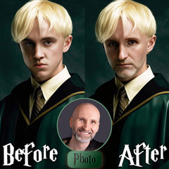 O vedere de aproape a portretului lui Draco Malfoy, evidențiind detaliile feței și textura robei verzi, Papilora.