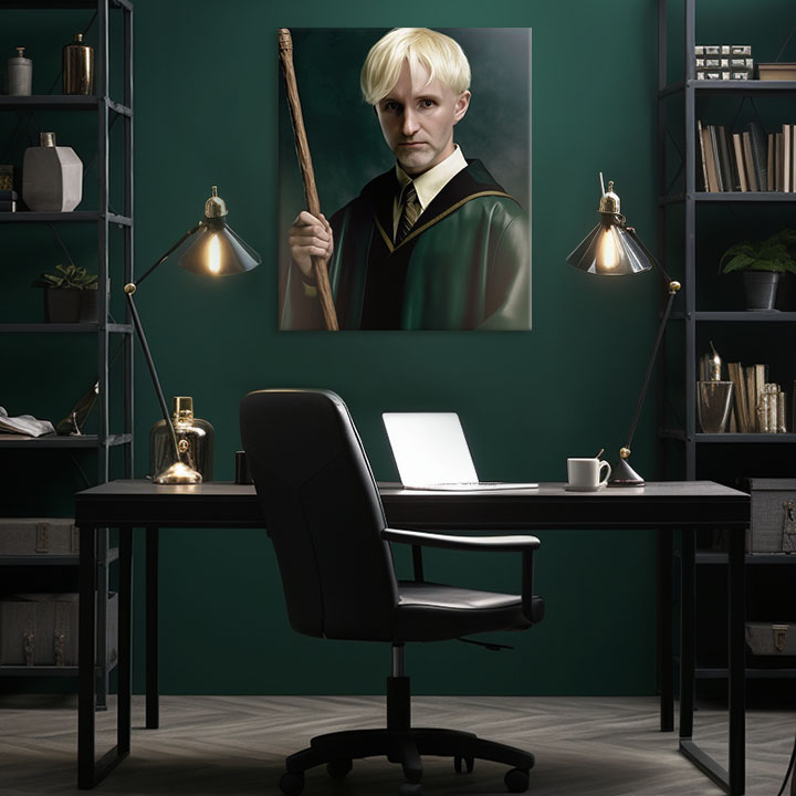 Un portret al lui Draco Malfoy cu păr blond și o baghetă, îmbrăcat într-o robă verde, pe o pânză cu ramă vizibilă, Papilora.