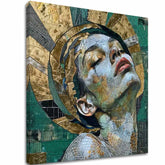 Geometric tablou pe pânză cu motivul femeie, față, portret, oameni în alb-verde nuanțe, atmosferă liniștită, frumusețe și spiritualitate, potrivit pentru sufragerie – principală