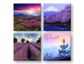 Colaj tablou pe pânză cu motivul Everywhere purple, munți, flori, copaci, apus de soare în violet-roz nuanțe, atmosferă liniștită, potrivit pentru sufragerie – principală