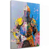 Modern tablou pe pânză cu motivul Graffiti Knight, štít în galben-portocaliu nuanțe, atmosferă energică, forță | Tablou Graffiti Knight – principală
