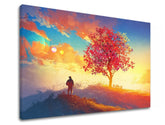Clasic tablou pe pânză cu motivul APUS DE SOARE, copac, cer, motiv inspirațional, peisaj în albastru-portocaliu nuanțe, atmosferă liniștită, potrivit pentru sufragerie – principală
