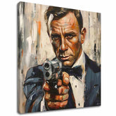 Modern tablou pe pânză cu motivul James Bond - Nebezpečná eleganță în portocaliu nuanțe, atmosferă intensă, lumea filmului | Tablou James Bond - Nebezpečná eleganță – principală