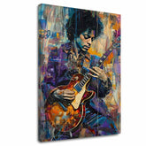 Modern tablou pe pânză cu motivul Jimi Hendrix - Gitara v plameňoch în violet-alb nuanțe, atmosferă energică, creativitate | Tablou Jimi Hendrix - Gitara v plameňoch – principală