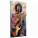 Modern tablou pe pânză cu motivul Jimi Hendrix - Ohnivé tóny în negru-galben nuanțe, atmosferă energică, rock and roll și creativitate | Tablou Jimi Hendrix - Ohnivé tóny – principală