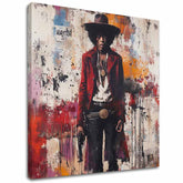 Modern tablou pe pânză cu motivul Jimi Hendrix - Divoký západ v akryle în alb-roșu nuanțe, atmosferă îndrăzneață, rock and roll și istorie muzicală – principală