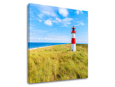 În stil boho tablou pe pânză cu motivul PAJIȘTE, far, ocean, cer, peisaj în alb-albastru nuanțe, atmosferă liniștită, viață la mare și natură – produs