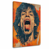 Modern tablou pe pânză cu motivul Mick Jagger - Sila rockovej scény în portocaliu-roșu nuanțe, atmosferă energică, rock and roll și iconografie – principală