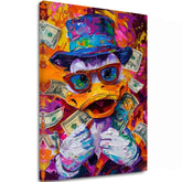 Modern tablou pe pânză cu motivul Money Duck, ochelari în portocaliu-violet nuanțe, atmosferă energică, cultură pop | Tablou Money Duck – principală