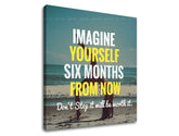 În stil boho tablou pe pânză cu motivul Imagine yourself, ocean, plajă, mare și plajă, citat motivațional în alb-galben nuanțe, atmosferă inspirațională – produs