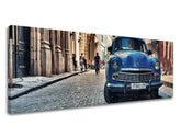 Vintage tablou pe pânză cu motivul MOTO, automobil, motiv urban în bej-albastru nuanțe, atmosferă nostalgică, viață urbană, potrivit pentru birou – produs