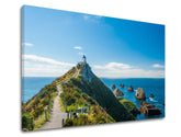 În stil boho tablou pe pânză cu motivul HORY, far, ocean, cer, peisaj în albastru-verde nuanțe, atmosferă liniștită, aventură și viață la mare – produs