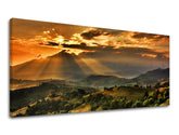 Clasic tablou pe pânză cu motivul PANORAMĂ KRAJINA, munți, cer, nori, peisaj în portocaliu-verde nuanțe, atmosferă liniștită, potrivit pentru birou de lucru – principală