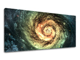 Modern tablou pe pânză cu motivul PANORAMĂ UNIVERS, stele, univers în crem-albastru nuanțe, atmosferă maiestuoasă, potrivit pentru birou | Tablou de perete PANORAMĂ UNIVERS – principală