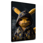 Modern tablou pe pânză cu motivul Pikachu: Streetwear rege în negru-auriu nuanțe, cultură pop | Tablou Pikachu: Streetwear rege – principală