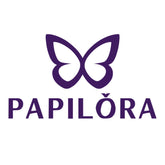 O vedere de aproape a logo-ului Papilora, cu fluturele stilizat violet și textul Papilora pe un fundal alb, evidențiind textura și compoziția, Papilora.