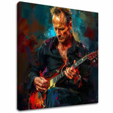 Pictat manual tablou pe pânză cu motivul Sting - Rege Grammy în albastru-roșu nuanțe, atmosferă intensă, rock and roll și creativitate | Tablou Sting - Rege Grammy – principală
