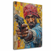 Pictat manual tablou pe pânză cu motivul Tupac Shakur - Rapová gangster în galben-roșu nuanțe, viață urbană | Tablou Tupac Shakur - Rapová gangster – principală