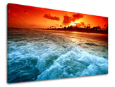 Clasic tablou pe pânză cu motivul APUS DE SOARE, plajă, palmieri, motiv de călătorie, peisaj în albastru-portocaliu nuanțe, atmosferă dramatică – principală