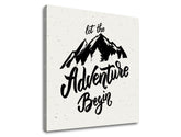 Art deco tablou pe pânză cu motivul Let the adventure begin, munți, motiv de călătorie, citat motivațional în alb-gri nuanțe, potrivit pentru sufragerie – produs