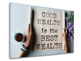 Modern tablou pe pânză cu motivul Good health, flori, citat motivațional, motiv religios, natură în bej-maro nuanțe, atmosferă liniștită – produs