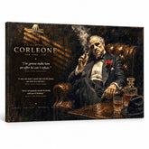 Tablou canvas Nașul cu Don Vito Corleone în fotoliu de piele, stil expresionist, ideal pentru decor interior premium de la Papilora.