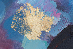 O vedere detaliată a picturii abstracte, evidențiind textura bogată și compoziția dinamică a apusului, Papilora.