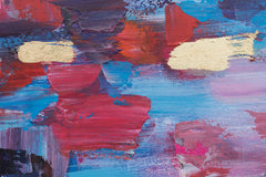 O vedere detaliată a picturii abstracte, evidențiind textura bogată și compoziția dinamică a apusului, Papilora.
