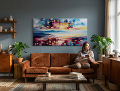 Tabloul cu peisajul abstract, plin de culori vii, este agățat într-un interior modern, deasupra unei console din lemn, alături de o vază și o lumânare, Papilora.