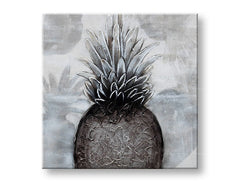 O pictură originală pe pânză, reprezentând un ananas stilizat în tonuri de gri și negru, cu o textură vizibilă, este prezentată pe un șasiu de lemn Papilora.