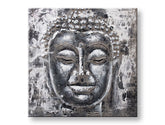 Pictat manual tablou pe pânză cu motivul BUDHA, Buddha în alb-gri nuanțe, atmosferă liniștită, spiritualitate, potrivit pentru sufragerie | Tablou pictat de perete BUDHA – principală