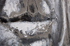 O vedere de aproape a picturii cu fața lui Buddha, evidențiind textura bogată și compoziția detaliată în tonuri de gri și alb, Papilora.