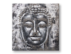O pictură originală pe pânză, reprezentând fața lui Buddha în tonuri de gri și alb, cu o textură vizibilă, înrămată pe un șasiu de lemn, Papilora.