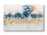 O pictură originală pe pânză, reprezentând o pădure abstractă cu copaci albaștri și detalii aurii, pe un șasiu de lemn vizibil, Papilora.