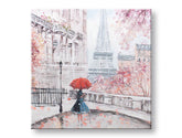 Pictat manual tablou pe pânză cu motivul PARIS, Turnul Eiffel, flori de cireș, ploaie, motiv urban în roz-roșu nuanțe, potrivit pentru dormitor – principală