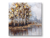 Pictat manual tablou pe pânză cu motivul copaci, pădure, cer, natură în alb-maro nuanțe, atmosferă liniștită, natură și singurătate, potrivit pentru sufragerie – principală