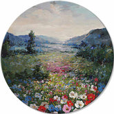 Pictat manual tablou pe pânză cu motivul munți, lac, copaci, cer, flori în alb-albastru nuanțe, atmosferă liniștită, natură și atmosferă de primăvară – principală