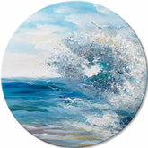 În stil boho tablou pe pânză cu motivul ocean, valuri, cer, mare și plajă în alb-albastru nuanțe, atmosferă energică, natură și libertate, potrivit pentru dormitor – principală