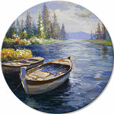 Pictat manual tablou pe pânză cu motivul lac, munți, peisaj în maro-albastru nuanțe, atmosferă liniștită, singurătate și natură, potrivit pentru dormitor – principală