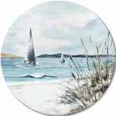 În stil boho tablou pe pânză cu motivul ocean, peisaj, mare și plajă în alb-bej nuanțe, atmosferă liniștită, viață la mare și natură, potrivit pentru dormitor – principală