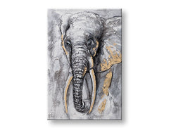 O pictură originală pe pânză, reprezentând un elefant cu fildeși aurii pe un fundal gri texturat, cu rama de lemn vizibilă, Papilora.