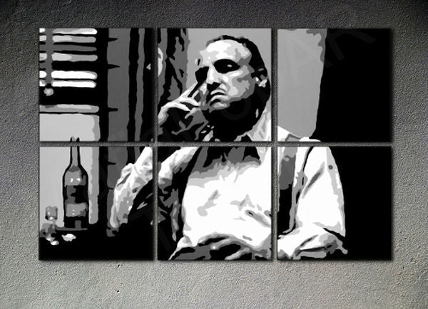 O pictură originală pe pânză, în șase panouri, înfățișând portretul iconic alb-negru al lui Vito Corleone, cu un cadru vizibil din lemn, Papilora.