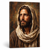 Portret detaliat al feței lui Isus Hristos din profil, accent pe ochii pătrunzători și textură pe pânză, vizualizare 3D cu șasiu din lemn, Papilora Premium Art.