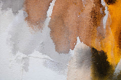 O vedere de aproape a picturii cu flori abstracte, evidențiind textura și compoziția în nuanțe de galben și maro, Papilora.
