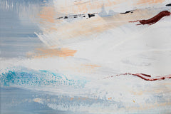 O vedere de aproape a picturii, evidențiind textura bogată și compoziția detaliată a velelor albe și albastre, Papilora.