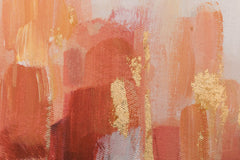 O vedere de aproape a picturii abstracte, cu textură vizibilă și compoziție detaliată, prezentând copaci portocalii și flori cu accente aurii, Papilora.