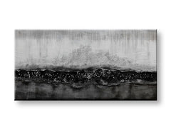 O pictură originală pe pânză, cu un peisaj abstract în tonuri de alb și negru, prezentată pe un șasiu de lemn, Papilora.