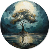 Pictat manual tablou pe pânză cu motivul Odlesky naturii, copac, lună, peisaj, natură în alb-albastru nuanțe, atmosferă liniștită, potrivit pentru sufragerie – principală