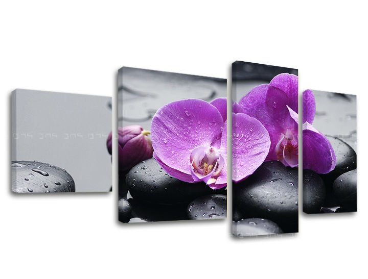 Clasic tablou pe pânză cu motivul FENG SHUI, orhidee, flori, natură în violet-gri nuanțe, atmosferă liniștită, natură și frumusețe, execuție multi-panou – principală